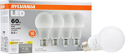 OSRAM SYLVANIA 3553383 SYLVANIA, 60W Equivalent, LED Light Bulb, A19 Lamp, 4 Pack, Soft White, Energy Saving & Longer Life, Medium Base, Efficient 8.5W, 2700K