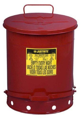 Justrite JUS09500 9500 Galvanized Steel Oily Waste Safety Can with Foot Lever, 14 Gallons Capacity, Red