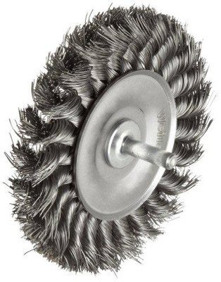 Weiler WEI17687 Standard Wire Wheel Brush, Round Shank, Steel, Partial Twist Knotted, 4" Diameter, 0.014" Wire Diameter, 1/4" Shank, 7/8" Bristle Length, 1/2" Brush Face Width, 20000 rpm