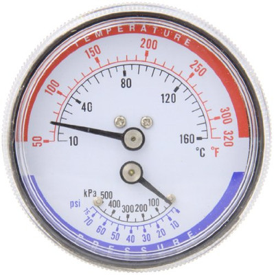 Trerice PTC14007 Rear Stem Tridicator, 1/4" NPT Connection, 2.5" face, 50-320°F/C & 0-75 PSI/KPA