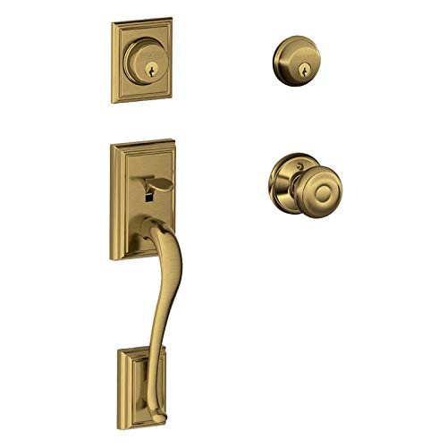 SCHLAGE F62ADD609GEO F62-ADD-GEO Addison Double Cylinder Handleset with Georgian Interior Kno, Antique Brass