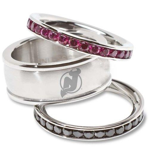 Logo Art DVL035CR-SZ8 New Jersey Devils NEW JERSEY DEVILS TEAM LOGO CRYSTAL STACKED RING SET SIZE 8