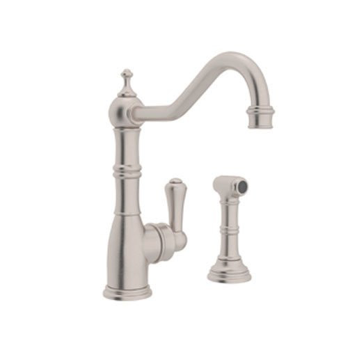Rohl 103393 Perrin and Rowe Single Hole Single Lever Aquitaine Kitchen Faucet with Sidespray Rinse in Satin Nickel