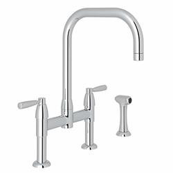 Rohl 113254 - PERRIN & ROWE IO CONTEMPORARY BRIDGE KITCHEN FAUCET WITH ^U^ SPOUT LEVER HANDLES AND SIDESPRAY IN POLISHED NICKEL