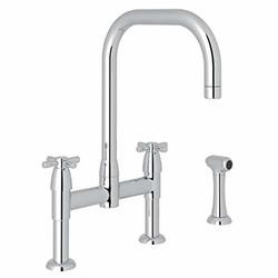 Rohl 112934 - PERRIN & ROWE IO CONTEMPORARY BRIDGE KITCHEN FAUCET WITH ^U^ SPOUT CROSS HANDLES AND SIDESPRAY IN POLISHED CHROME