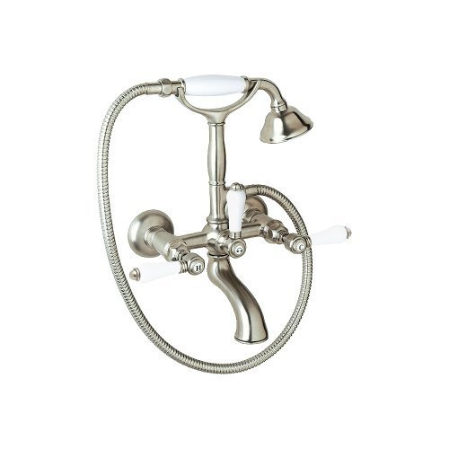 Rohl 106913 Country Bath Wall Mount Exposed Tub Filler Faucet with Hand Shower Hose and Porcelain Lever Handles, Polished Nickel