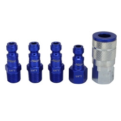 Milton Industries MILS-305TKIT T-Style, 1/4" NPT, Blue, Coupler & Plug Kit (5 Piece).