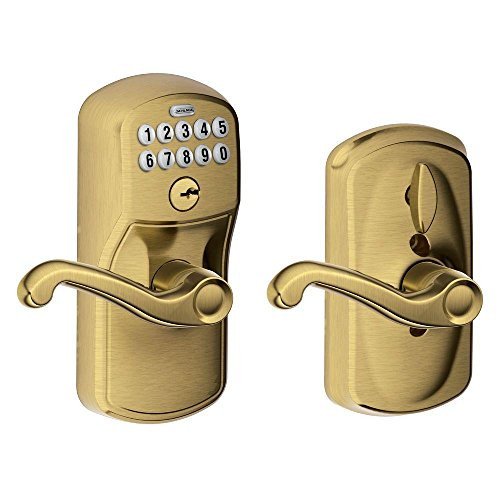 SCHLAGE FE595PLY609FLA FE595 PLY 609 FLA Plymouth Keypad Entry with Flex-Lock and Flair Style Levers, Antique Brass