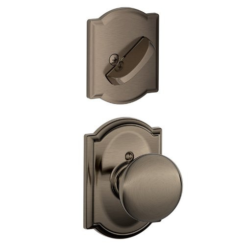 SCHLAGE F59PLY620CAM Lock Company Antique Pewter Plymouth Interior Pack Knob Set with Single Cylinder Deadbolt and Decorative Camelot Rose.