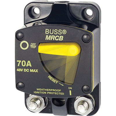 BLUE SEA SYSTEMS BS-7141 BLUE SEA SYSTEMS Circuit Breaker, 187 Series, 70A, MFG# , Rounded rectangular surface mount, thermal, Type III, manual reset/switchable, won039 t reset w/ short, 5000 Amp (12V) interrupt, 48 VDC Max. / /