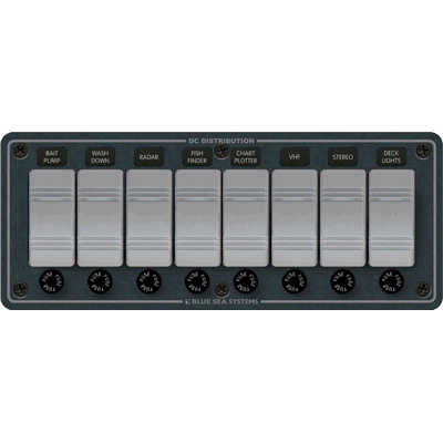 BLUE SEA SYSTEMS BS-8261 BLUE SEA SYSTEMS / Waterproof Switch Panel, MFG# , Consists of eight illuminated Contura switches with front-mounted fuse holders for AGC glass fuses (not included). 12 or 24 Volt DC. Horizontal orientation. 9.37"W x