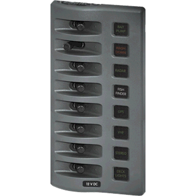 BLUE SEA SYSTEMS BS-4308 Sw Pnl, Toggle w/ Fuses, 8 Sw, Gray