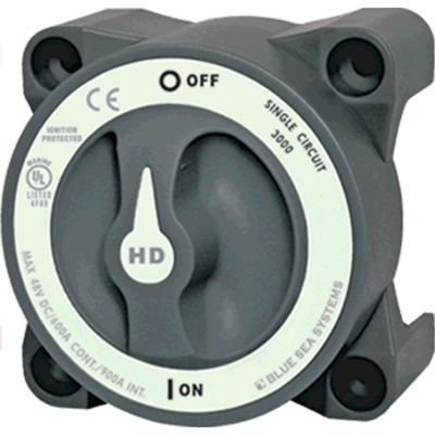 BLUE SEA SYSTEMS BS-3000 BLUE SEA SYSTEMS / Heavy Duty Battery Switch, MFG# , Grey, 600A cont., 900A int., 32VDC. Positons: single-circuit on-off.
