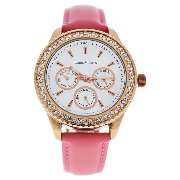 Louis Villiers W-WAT-1495 LV2079 Classic Urban Analog Wrist Watch for Women | Rose Gold Stainless Steel Case Decorated with Crystals | Silver Dial | Pink Leather Bracelet