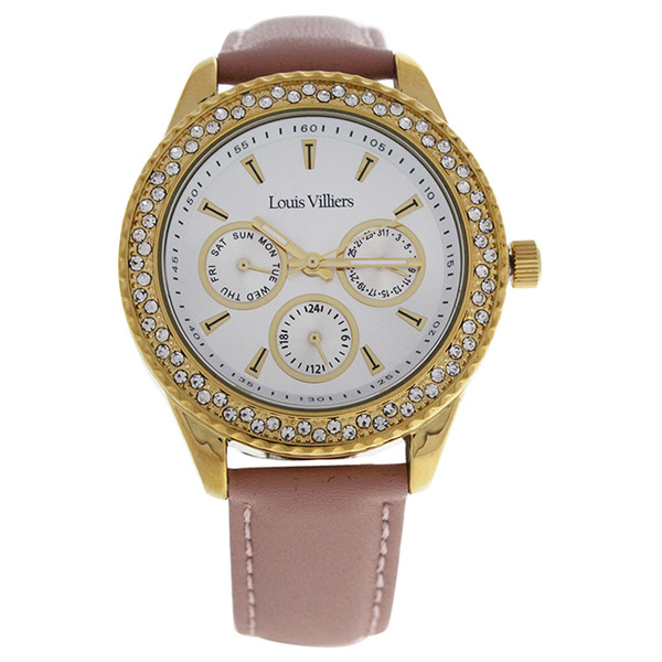 Louis Villiers W-WAT-1494 LV2078 Classic Urban Analog Wrist Watch for Women | Gold Stainless Steel Case Decorated with Crystals | Silver Dial | Cream Leather Strap
