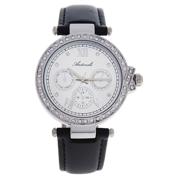 Antoneli W-WAT-1432 AL0519-07 Analog Wrist Watch for Women | Silver Steel Case Decorated with Crystals | White Dial | Genuine Black Leather Strap