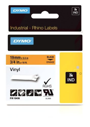 Dymo RNO18436 Industrial Labels for Industrial Rhino Label Makers, Black on Orange, 3/4", 1 Roll ()