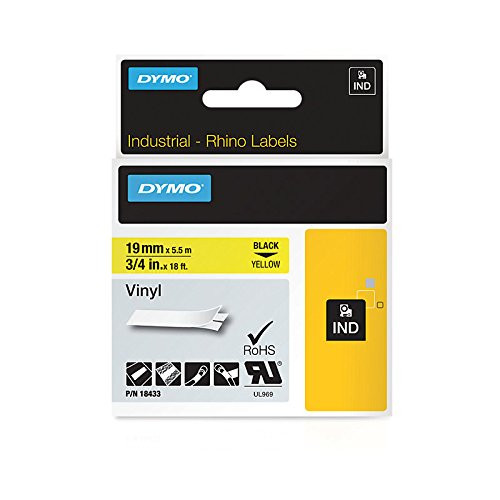Dymo RNO18433 Industrial Labels for Industrial RhinoPro Label Makers, Black on Yellow, 3/4", 1 Roll ()