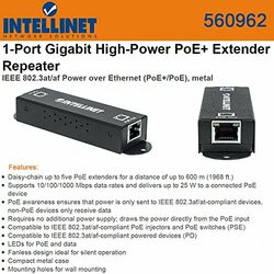 INTELLINET 560962 INTELLINET 1-PORT GIGABIT HIGH-POWER POE+ EXTENDER REPEATER, IEEE 802.3AT/AF POW