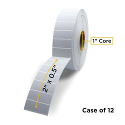 Clover Imaging CIGT22005DT-PERF CIGT2: Thermal Transfer blank white label roll. Label size 2 wide x 0.5 height for Zebra Desktop (DT) printers, perforated, permanent adhesive/standard 40# liner. 1.0 ID x 5.0 Max OD, (2.0 X 0.5) Labels per roll =