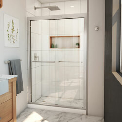DreamLine SHDR-1848720-04 The DreamLine Duet Plus sliding bypass shower or tub door has a sleek, elegant design that will complement both classic and modern bathroom decors. The Duet Plus features semi-frameless glass and smooth gliding rollers for a