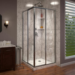DreamLine SHEN-8140400-04 The DreamLine Cornerview sliding shower enclosure provides a modern solution to maximize space with a corner installation and center opening design. The Cornerview has a straight edged style that provides a comfortable