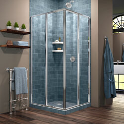 DreamLine SHEN-8140400-01 The DreamLine Cornerview sliding shower enclosure provides a modern solution to maximize space with a corner installation and center opening design. The Cornerview has a straight edged style that provides a comfortable