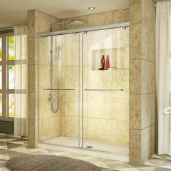 DreamLine DL-6943C-22-04 This DreamLine shower kit offers the perfect solution for a bathroom remodel or tub-to-shower conversion project with a CHARISMA frameless bypass shower door and a coordinating SlimLine shower base. The CHARISMA has a no wall
