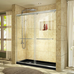 DreamLine DL-6943L-88-01 This DreamLine shower kit offers the perfect solution for a bathroom remodel or tub-to-shower conversion project with a CHARISMA frameless bypass shower door and a coordinating SlimLine shower base. The CHARISMA has a no wall