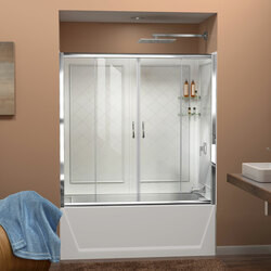 DreamLine DL-6995-01CL The DreamLine Visions shower or tub door offers breathtaking style for your shower area. Visions features a unique design with two stationary glass panels and two sliding glass panels that open to create an ample center point