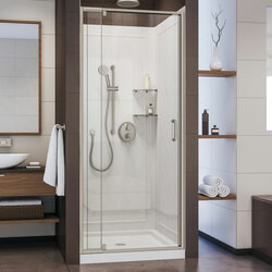 DreamLine DL-6218C-04CL The DreamLine Flex pivot shower door, SlimLine base, and Q-Wall backwall kit offers modern appeal at a budget friendly price point. The versatile Flex model combines cutting-edge pivot hardware, simple installation and