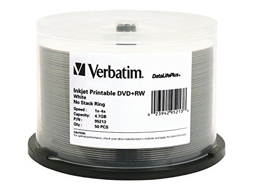 VERBATIM CORPORATION 95213 50PK DVD+RW 4X 4.7GB WHITE DATALIFEPLUS INKJET HUB PRINTABLE
