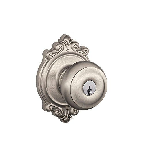 Schlage F51A-GEO-619-BRK F51-GEO-BRK Georgian Keyed Entry F51A Panic Proof Door Knob with Brooksh, Satin Nickel