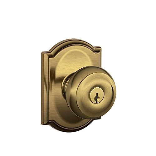 Schlage F51A-GEO-609-CAM F51A GEO 609 CAM Georgian Knob with Camelot Trim Keyed Entry Lock, Antique Brass