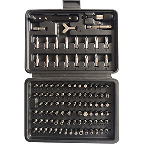ATD Tools ATD-505 Reversible ratchet 1/4 hex quick release chuck 1/4 sq. x 1/4 hex x 1 ext. 1/4 sq. x 1/4 hex x 2 ext. Y shape driver 100 Pc. 25mm Chrome Vanadium Bits  (8) Philips: #0 x 1, #1 x 1, #2 x 5, #3 x 1  (8) Pozi: pz0 x, pz1, pz2 x 5, pz3 