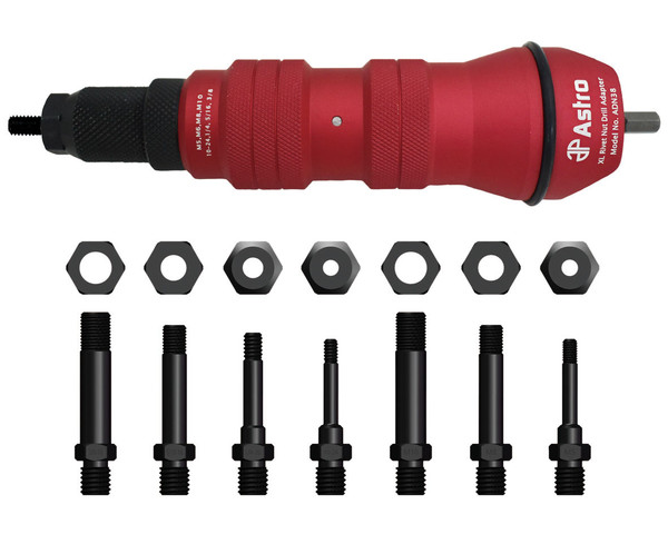 Astro Pneumatic AST-ADN38 Easily convert your cordless, pneumatic or corded drills into a power rivet nut setter  Includes 10-24, 1/4-20, 5/16-18, 3/8-16 and M5, M6, M8 & M10  Use 12V and up cordless drills for aluminum and steel rivet nuts, or 18V+