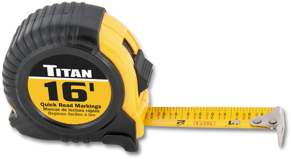Titan TTN-10905 16 tape measure  Easy, quick-read markings  Tough, impact resistant plastic case  Ergonomic cushion grip  Hands-free blade lock