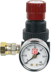 Reading Technologies, Inc. RTC-MR-1 Ultra light-weight durable regulator mounts right on paint gun. Automatically adjusts for upstream pressure fluctuations. 0-60 operating range.   inlet & outlet. High flow air design, up to 30 scfm. Max inlet