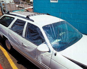 RBL Products, Inc. RBL-432 Durable 3 mil puncture resistant plastic film with UV inhibitor. 
 Adheres to clean and dry surface - metal, glass & plastic and to interior surface and fabric. 
 See-through clear plastic gives safe, clear visibility for