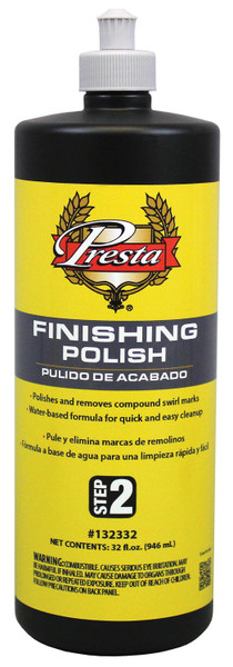 Presta PST-132332 Presta Finishing Polish is a cleaner/polish for use on both new and aged clear coat painted surfaces.  This polish creates a high gloss and a swirl-free finish that will not wash away.   Contains no waxes, fillers or silicones.  