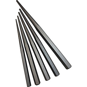 Platinum PLT-99800 Each taper punch has self-centering nose that aligns holes   Forged from high-carbon molybdenum tool steel  Individually heat-treated and hardened the entire length  Tempered striking end for durability