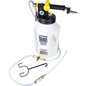 Mityvac MTY-MV7105 1-Gallon (5-liter) capacity reservoir   Convenient flow control and auto-shutoff valve   Includes combination pressure/vacuum gauge   Utilizes compressed shop-air for dispensing and extracting