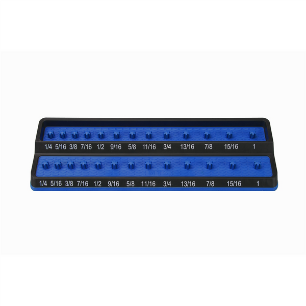 Mechanics Time Savers MTS-PSH38S-BLU Friction Peg Socket Holders are designed for Shallow & Deep Sockets   Made of a chemical resistant rubber over mold with easy to read socket size indicators   These two-row socket holders can be stored in a
