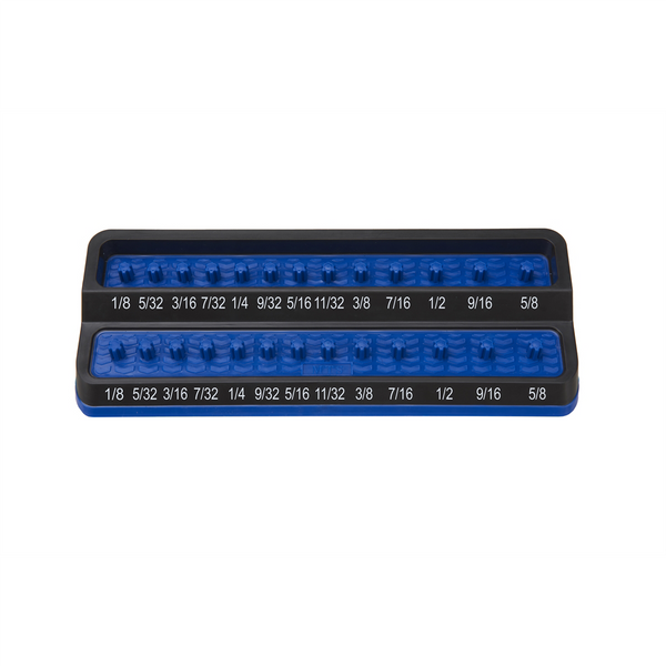 Mechanics Time Savers MTS-PSH25S-BLU Friction Peg Socket Holders are designed for Shallow & Deep Sockets   Made of a chemical resistant rubber over mold with easy to read socket size indicators   These two-row socket holders can be stored in a