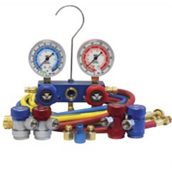 Mastercool MSC-89661-AYF Professional extruded aluminum block  2 1/2 IN silicone dampened, recalibrateable gauges  Free-floating piston type valves reduce o-ring wear  Extra access port for vacuum line  Extra large sight glass for visual refrigerant
