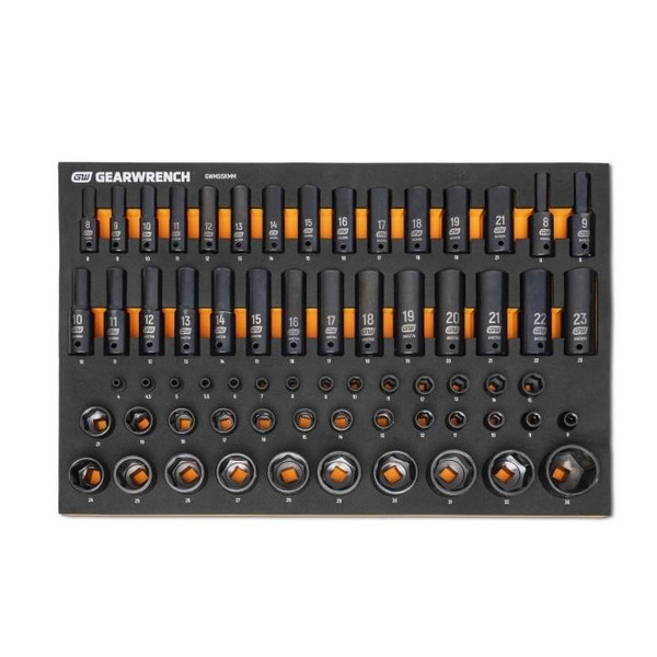GearWrench 66 Piece 1/4&rdquo;, 3/8&rdquo;, 1/2&rdquo; Drive 6 Point Metric, Standard & Deep, Impact Socket Set in Foam Storage Tray