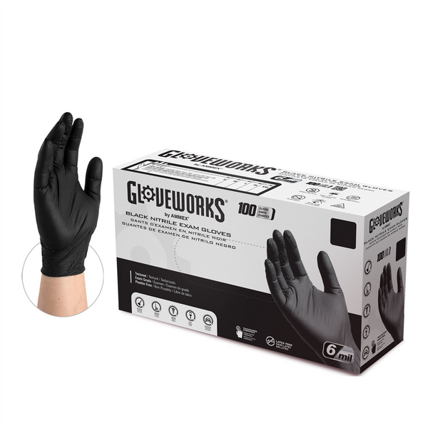 Ammex Corporation Gloveworks Black Nitrile PF Exam LG Gloves