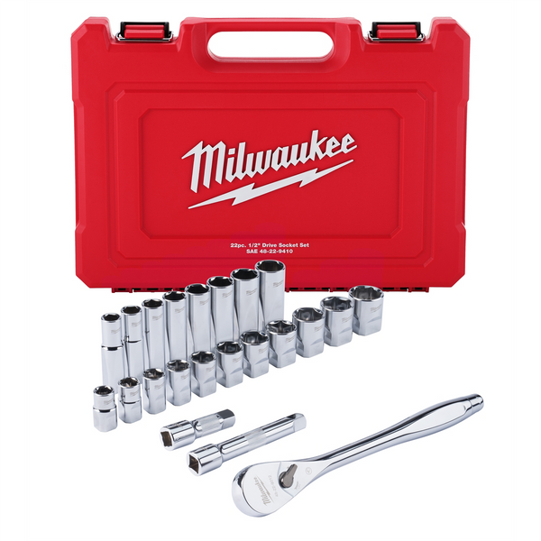 Milwaukee Tool 22 pc 1/2" Drive SAE Ratchet and Socket Set with FOUR FLAT Sides