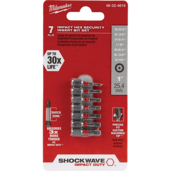 Milwaukee Tool SHOCKWAVE Hex Security Insert Bit Set - 7PC