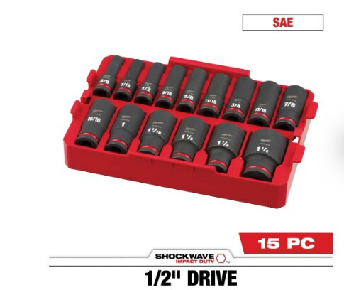 Milwaukee Tool SHOCKWAVE Impact Duty Socket 1/2&rdquo; Dr 15PC SAE TRAY Set